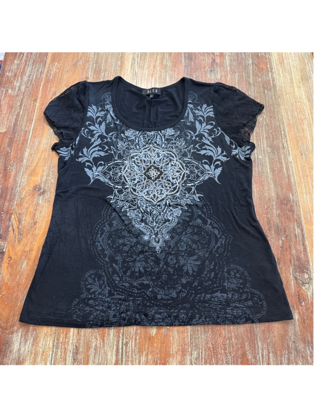 B.L.E.U. Black Lace Sleeve Graphic Top Large Y2K Rhinestone Mandala Goth Grunge